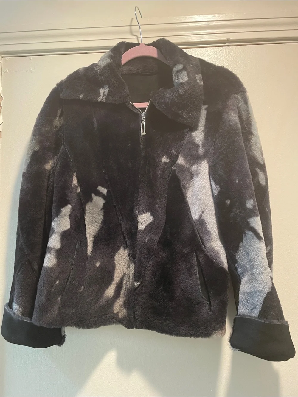 Punto Genuine Lambskin Shearling  Marbled Black & Gray Teddy Zip Jacket